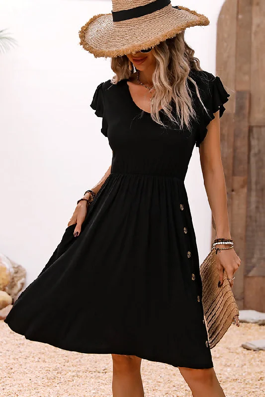 Fashion V Neck Solid Black Casual Dress