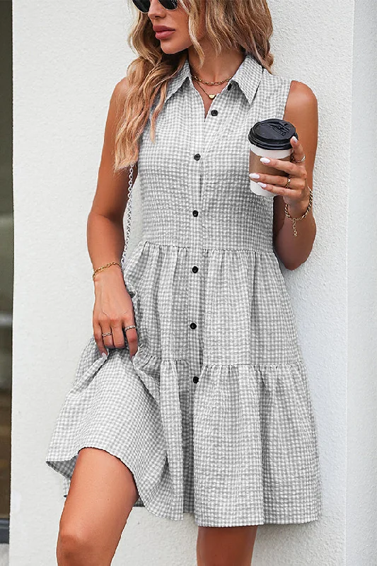 Plaid Print Ruffle Hem Sleeveless Dress