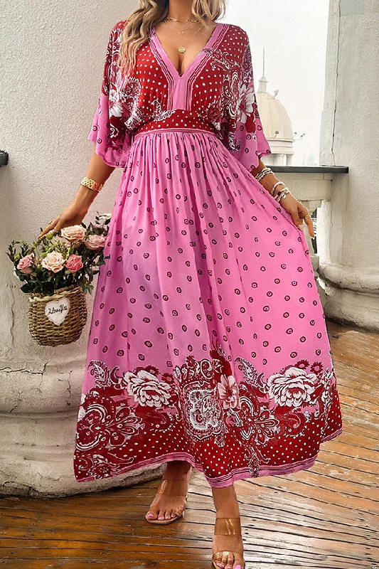 Fashion V Neck Floral Print Maxi Dress