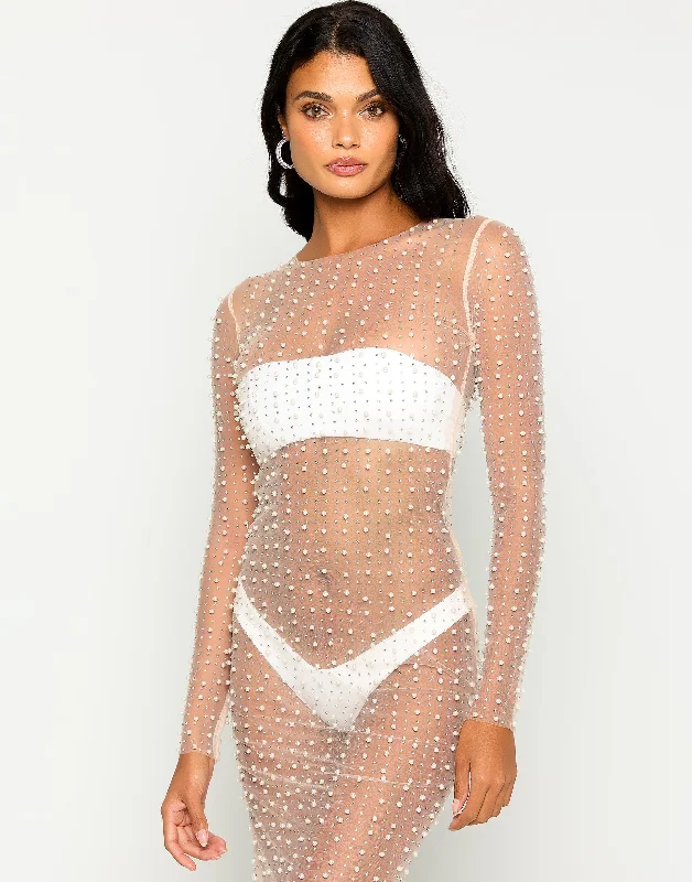 Champagne Nights Pearl Mesh Dress - Nude