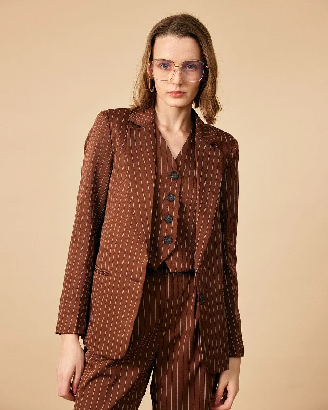 The Brown Striped One Button Collared Blazer | Brown