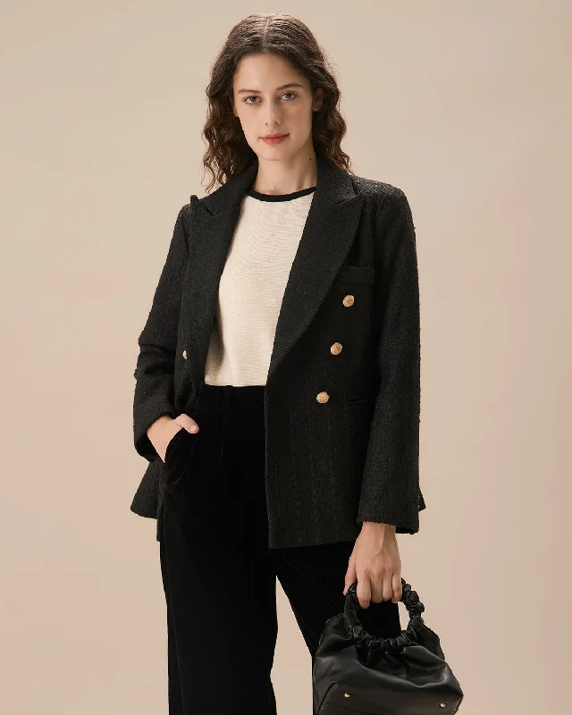 Women's Black Double-breasted Tweed Blazer | Black