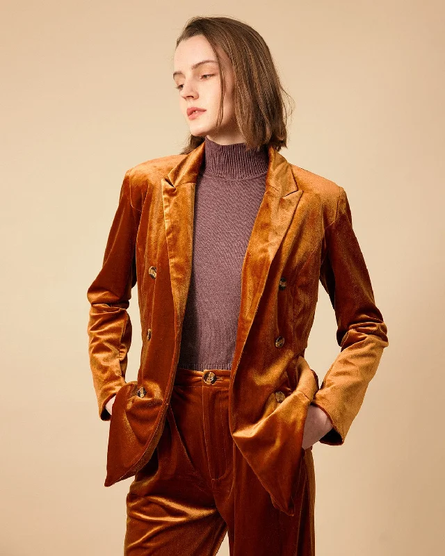 The Collared Double-breasted Velvet Blazer | Brown