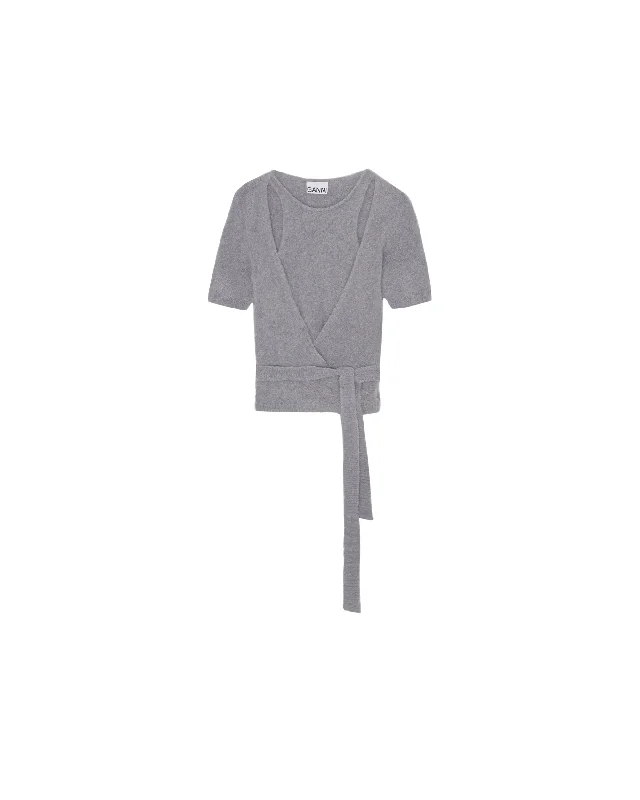 Brushed Alpaca Short Sleeve Wrap Blouse - Grey