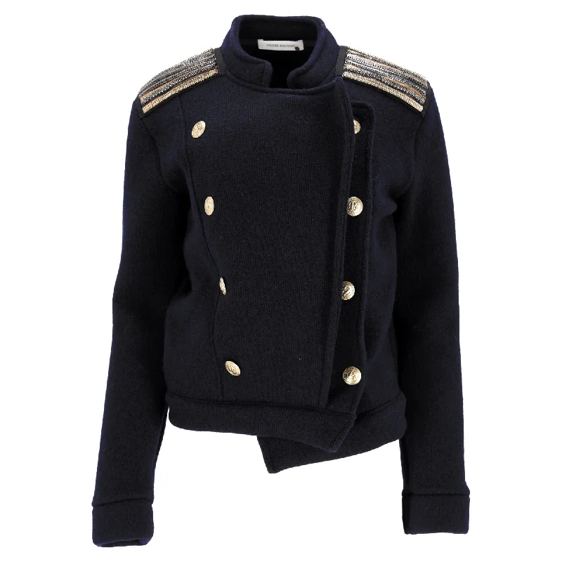 Pierre Balmain Embellished Epaulets Blazer in Navy Blue Wool