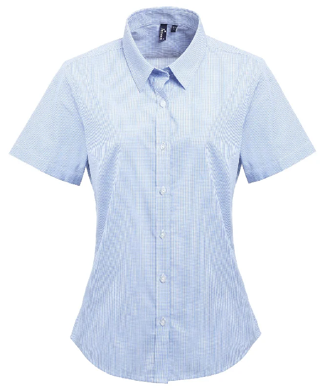 Light Blue/White - Women's Microcheck (Gingham) short sleeve cotton shirt