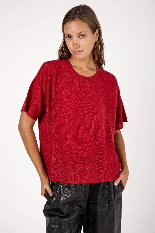 Cashmere Short Sleeve Knit Sweater in Rosso