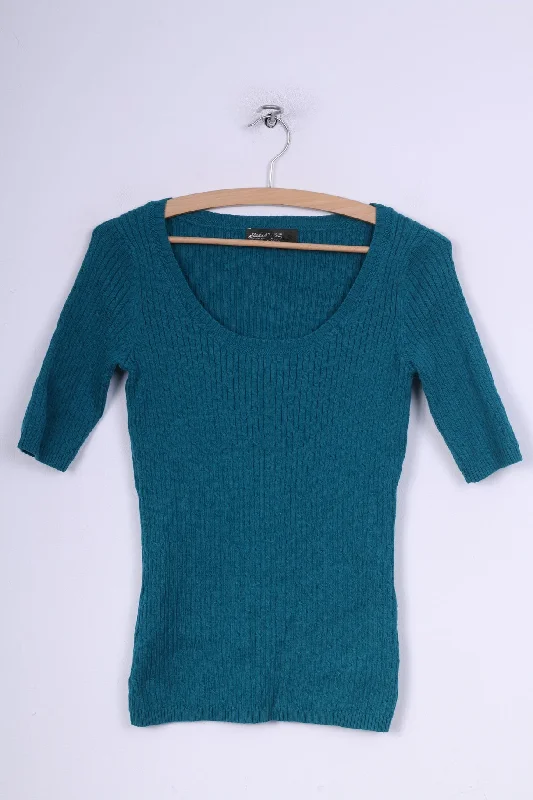 Eddie Bauer Womens XS Jumper Round Neck Sweater Turquoise Short Sleeve Cotton Nylon Knit