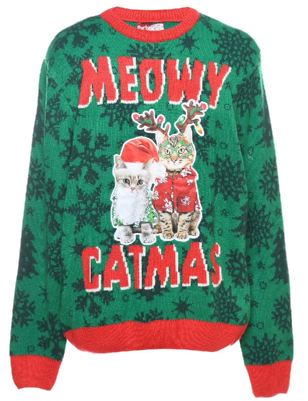 Cat Printed Christmas Jumper - L