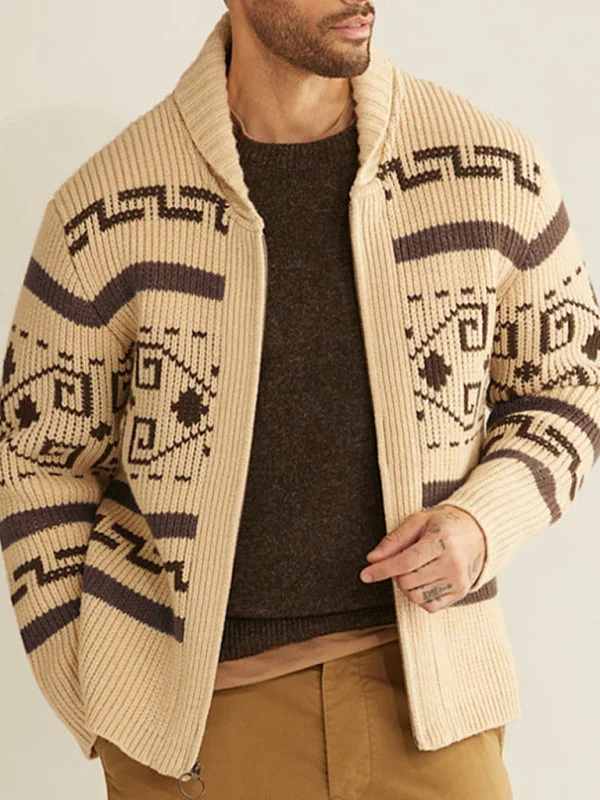 Men's casual lapel jacquard knitted jacket