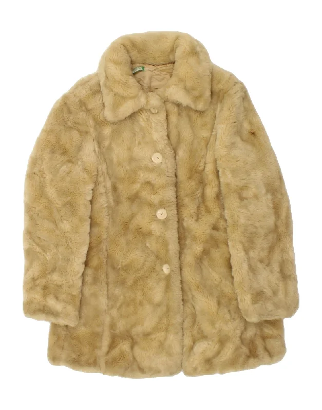 BENETTON Womens Faux Fur Overcoat UK 12 Medium Beige