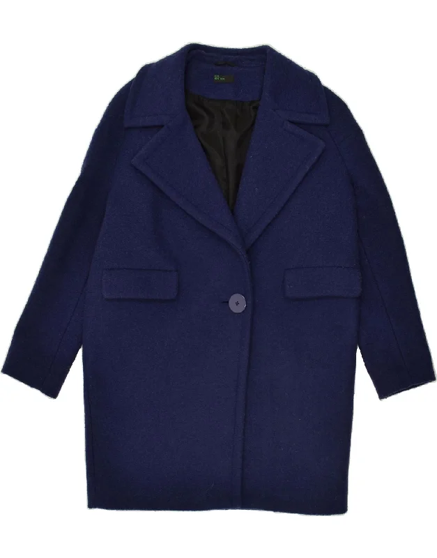 BENETTON Womens Overcoat UK 10 Small Navy Blue Polyester