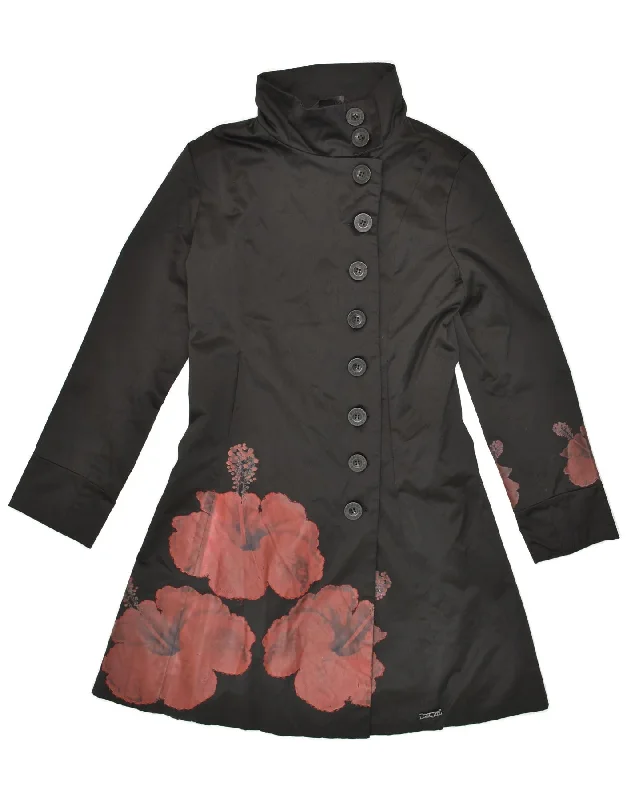 DESIGUAL Womens Overcoat EU 40 Medium Black Floral Cotton