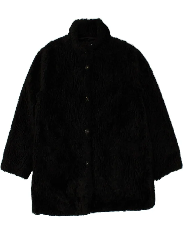 VINTAGE Womens Faux Fur Overcoat IT 42 Medium Black Acrylic