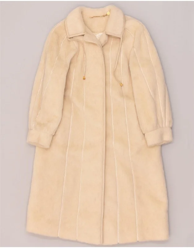 VINTAGE Womens Faux Fur Overcoat UK 10 Small Beige