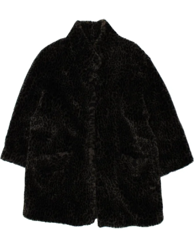 VINTAGE Womens Faux Fur Overcoat UK 14 Large Black Animal Print Acrylic