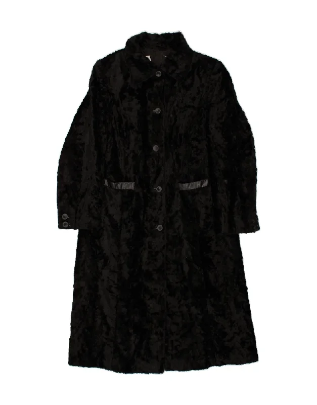 VINTAGE Womens Faux Fur Overcoat UK 16 Large  Black Viscose