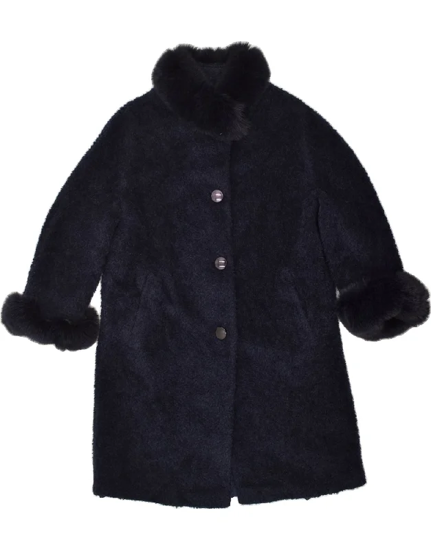 VINTAGE Womens Overcoat UK 10 Small Navy Blue