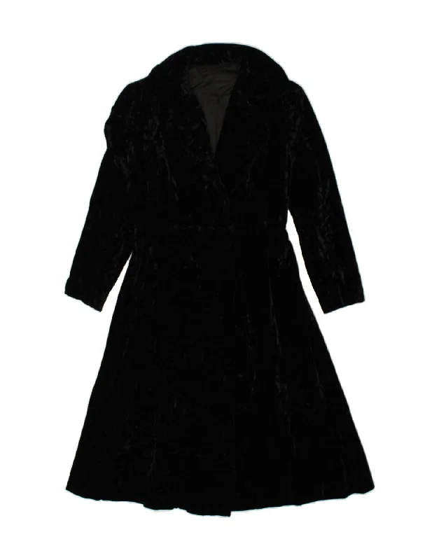 VINTAGE Womens Velvet Overcoat UK 8 Small Black