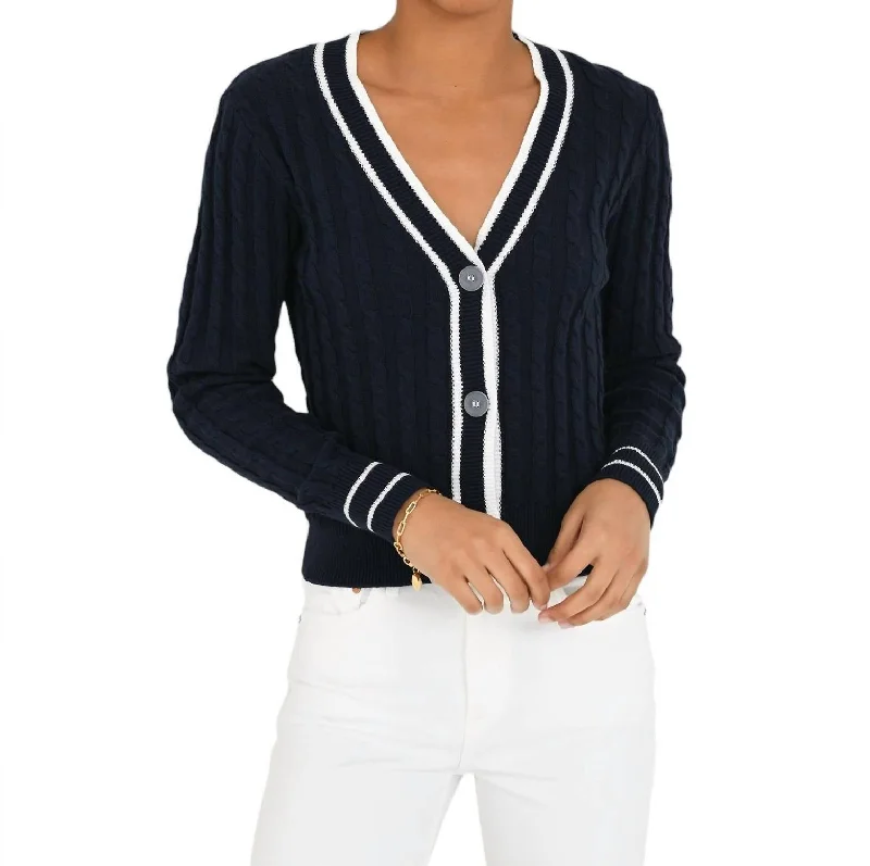 Cable Varsity Cardigan In Navy/white