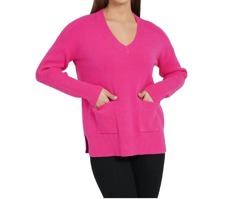 Patch Pocket Tunic Sweater In Hot Pink