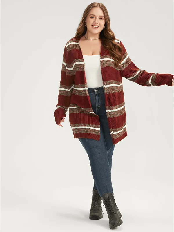 Striped Contrast Pointelle Knit Open Front Heather Cardigan