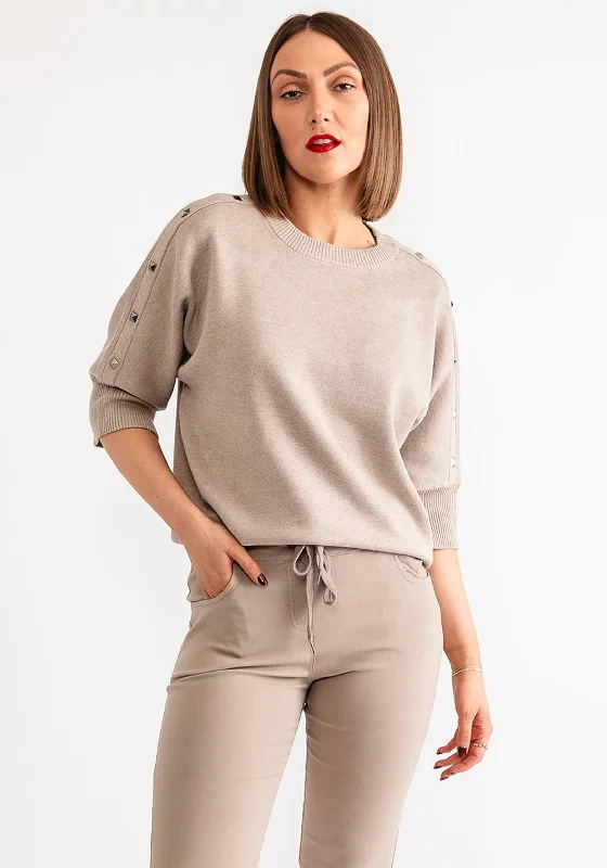 Freequent Ani Studded Short Sleeve Sweater, Taupe