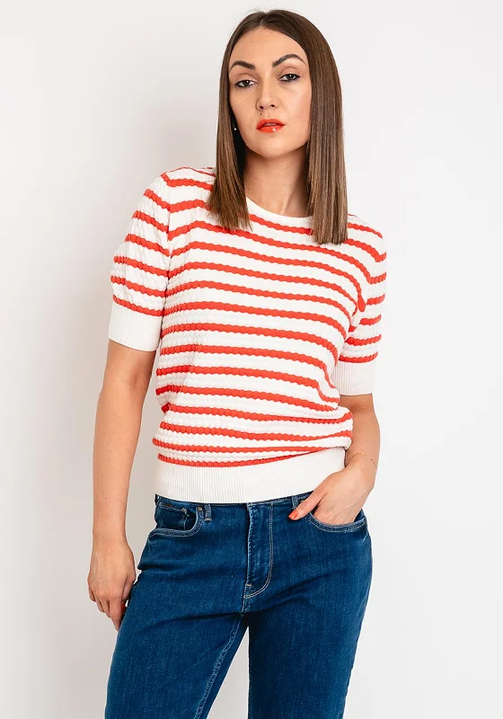 Freequent Dodo Striped Short Sleeve Knit Sweater, Hot Coral