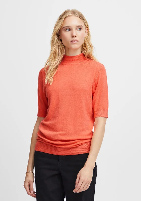 Ichi Mafa Short Sleeve Sweater, Hot Coral