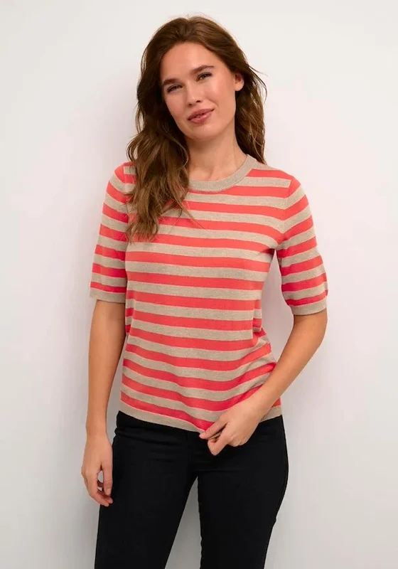 KAFFE Kalizza Stripe Short Sleeve Knit Sweater, Cayenne & Beige