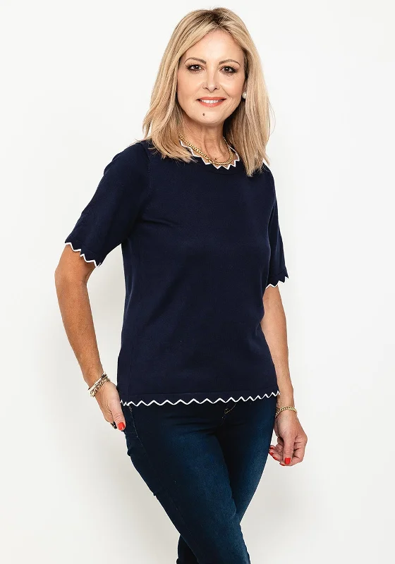 Micha Zig Zag Trim Short Sleeve Sweater, Navy & White