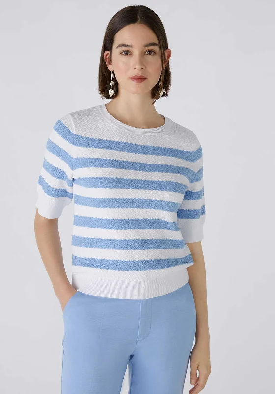 Oui Striped Short Sleeve Jumper, Light Blue & White