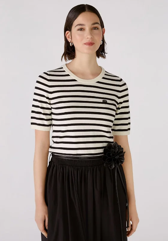 Oui Striped Short Sleeve Sweater, Black & Off White