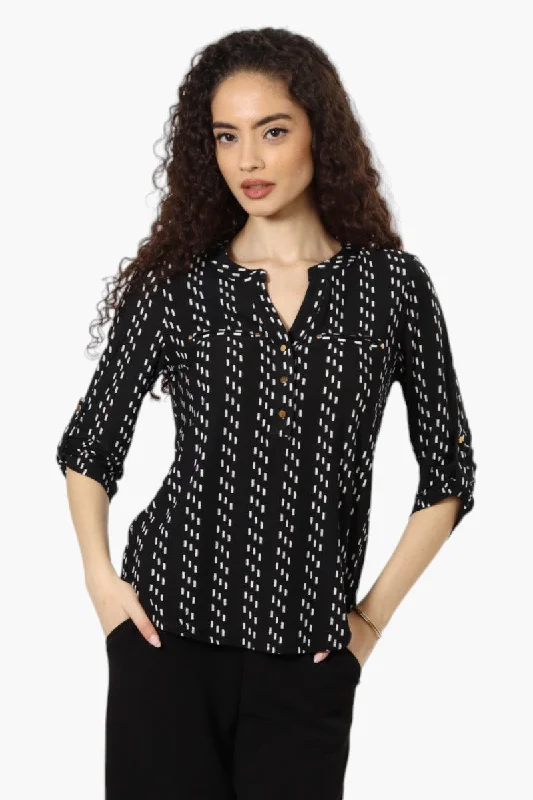 Beechers Brook Striped Roll Up Sleeve Henley Shirt - Black