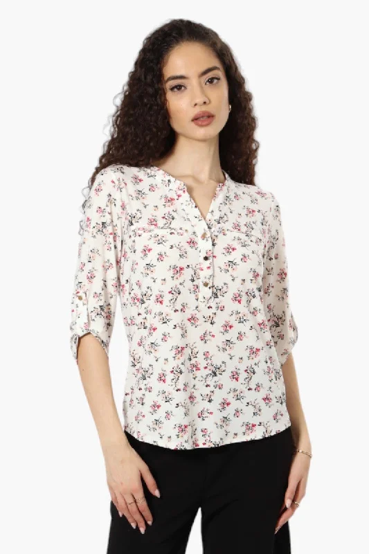 Beechers Brook Floral Roll Up Sleeve Henley Shirt - White