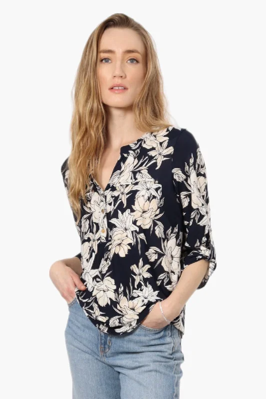 Beechers Brook Floral Front Pocket Henley Shirt - Navy