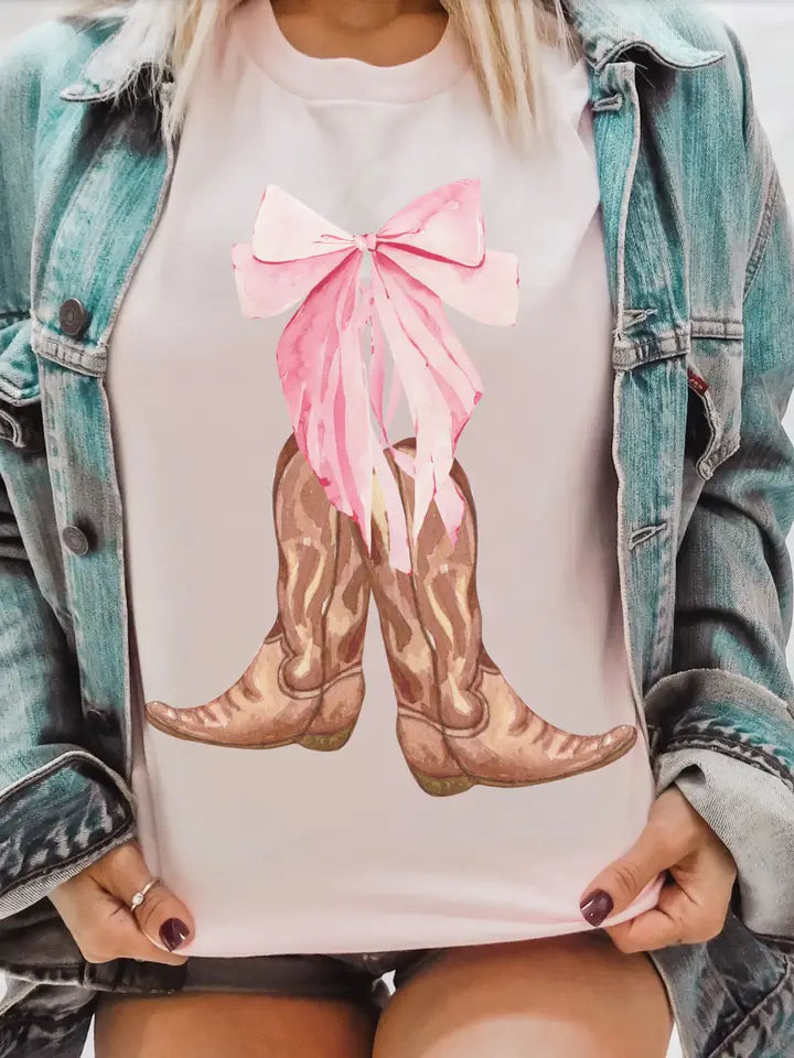 Pink Bow Cowboy Coquette Tee Spring Western Day T-Shirts