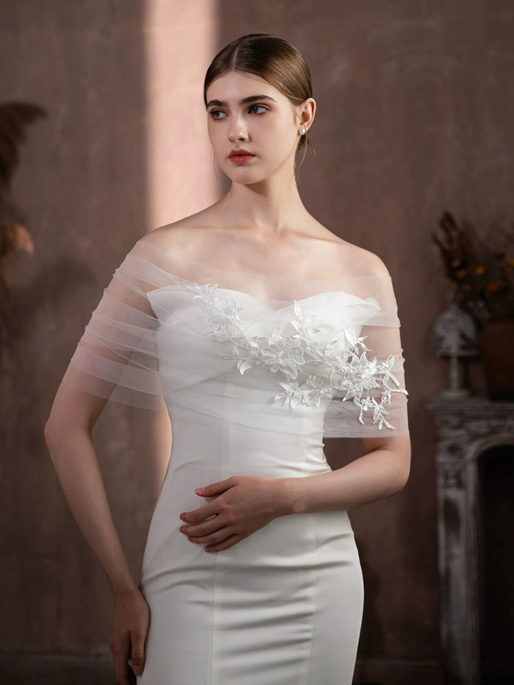 Roycebridal Jackets&Wraps New White Elegant Fairy Lace Flower Bridal Wedding Dress Covering Arms Tulle One Word Shawl